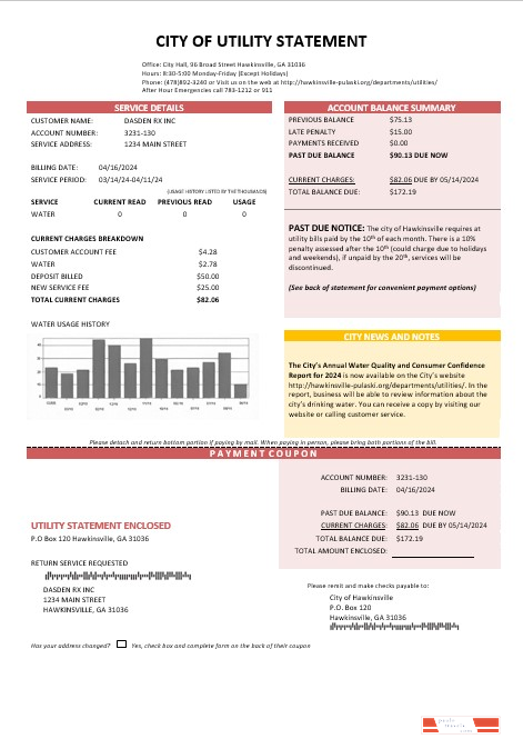 USA City of Utility Statement water business utility bill template in Word and PDF formats